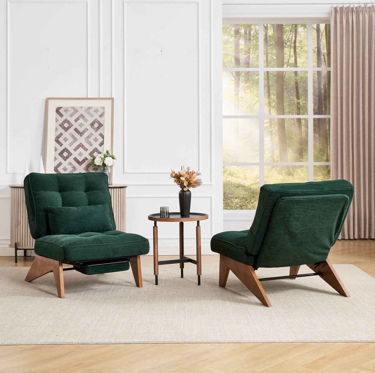 Wishdor Relaxfauteuil - Verstelbare rugleuning - Voetsteun en lendenkussen - Voor lezen ontspannen en dutten - Houten poten corduroy stof - Smaragdgroen - 127 x 73 x 90 cm