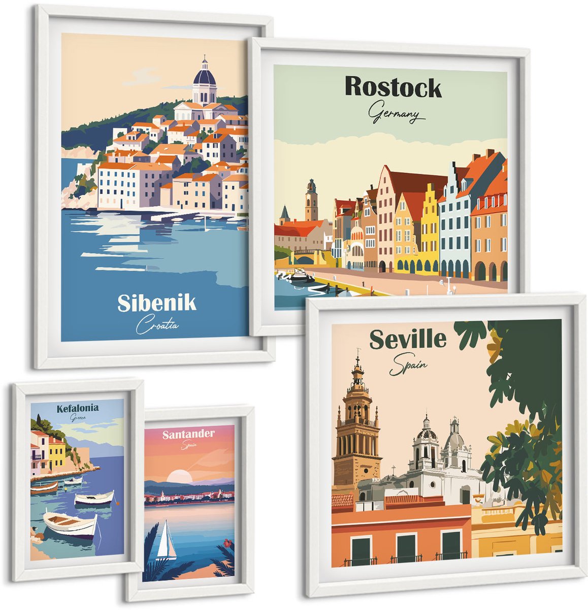 Wallfluent 5-Delige Schilderij Set - Landschappen Van Europese Kust- En Havensteden - 50 x 50 cm, 20 x 30 cm En 40 x 60 cm - Muurdecoratie - Interieur Decoratie - Woonkamer Decoratie