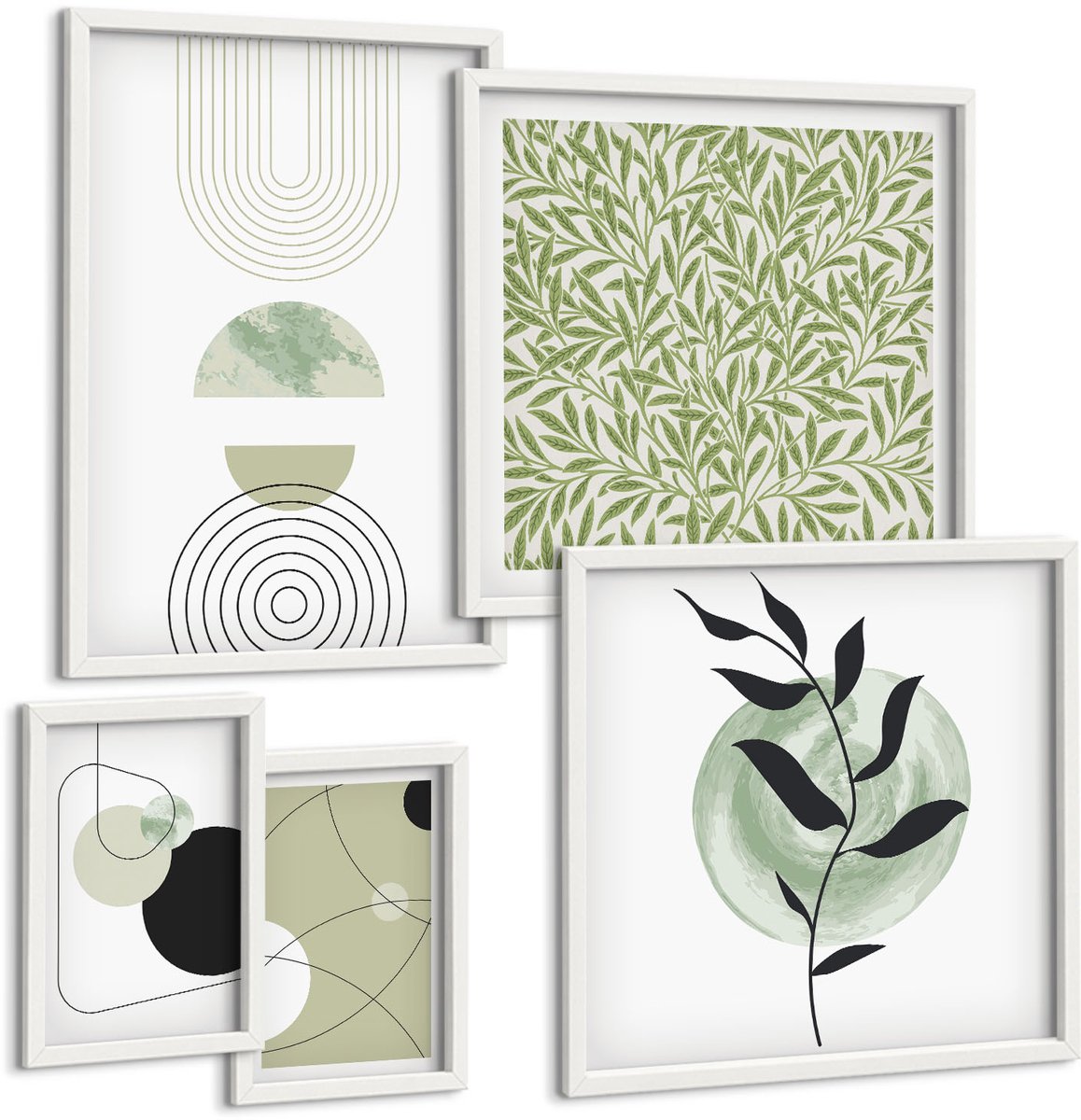 Wallfluent 5-Delige Schilderij Set - Abstracte Composities Met Geometrische Vormen En Vegetatie. - 50 x 50 cm, 20 x 30 cm En 40 x 60 cm - Wanddecoratie - Muurdecoratie - Moderne Interieurdecoratie - Woonkamer Decoratie