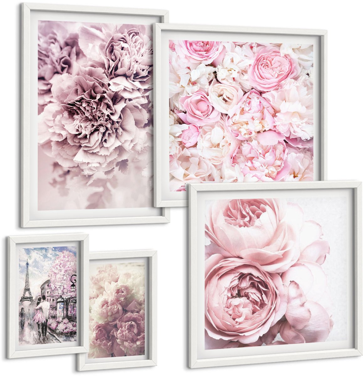 Wallfluent 5-Delige Schilderij Set - Romantische Vintage Bloemstukken - 50 x 50 cm, 20 x 30 cm En 40 x 60 cm - Wanddecoratie - Schilderijen Set - Kantoor - Stijlvolle Muurdecoratie