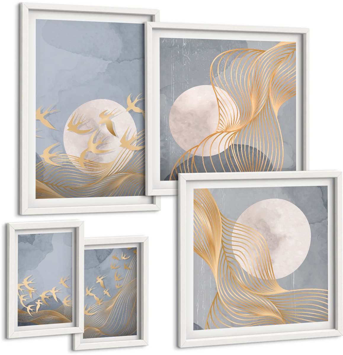 Wallfluent 5-Delige Schilderij Set - Harmonie Van De Natuur In Delicate Tinten En Motieven - 50 x 50 cm, 20 x 30 cm En 40 x 60 cm - Muurdecoratie - Interieur Decoratie - Decoratieve Schilderijen