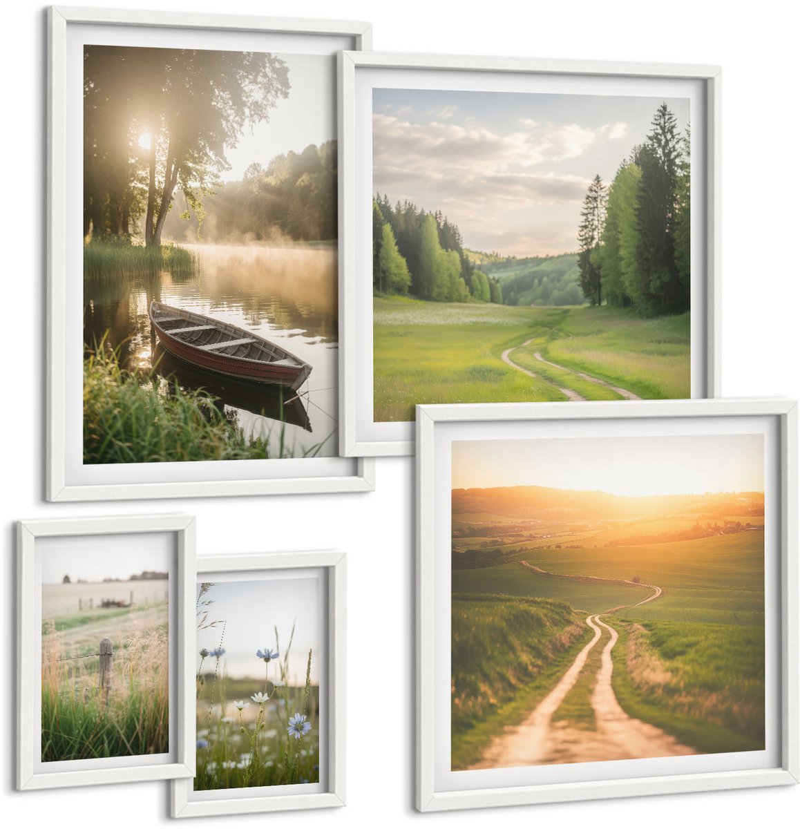 Wallfluent 5-Delige Schilderij Set - Rustgevende Natuurlandschappen Met Water En Groen. - 50 x 50 cm, 20 x 30 cm En 40 x 60 cm - Moderne Wanddecoratie - Woonkamer - Interieur Decoratie