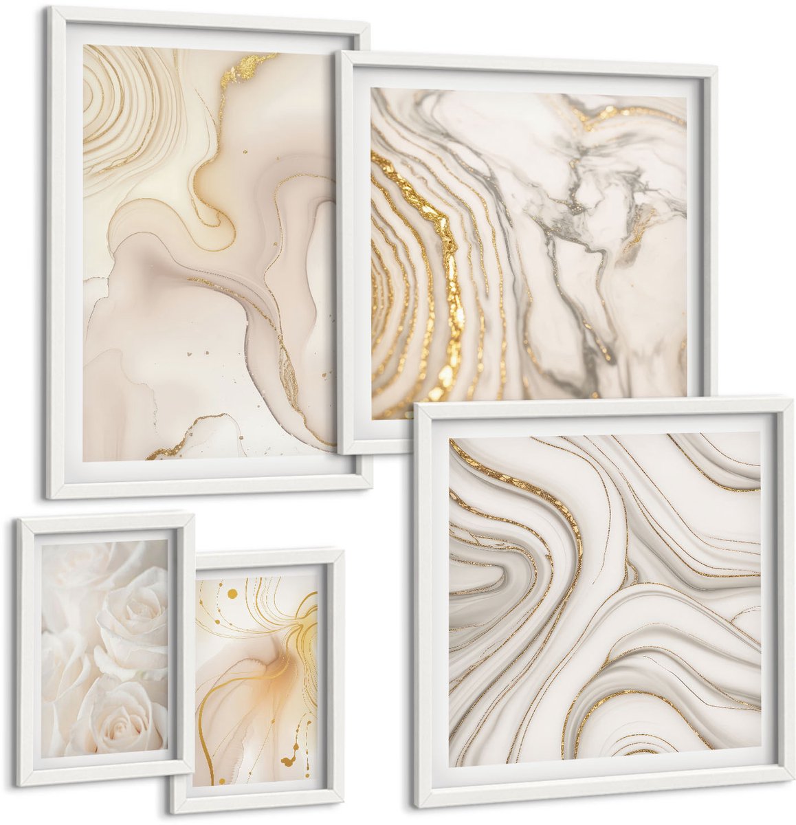 Wallfluent 5-Delige Schilderij Set - Abstracte Composities In Beige En Witte Tinten. - 50 x 50 cm, 20 x 30 cm En 40 x 60 cm - Stijlvolle Muurdecoratie - Slaapkamer - Moderne Wanddecoratie