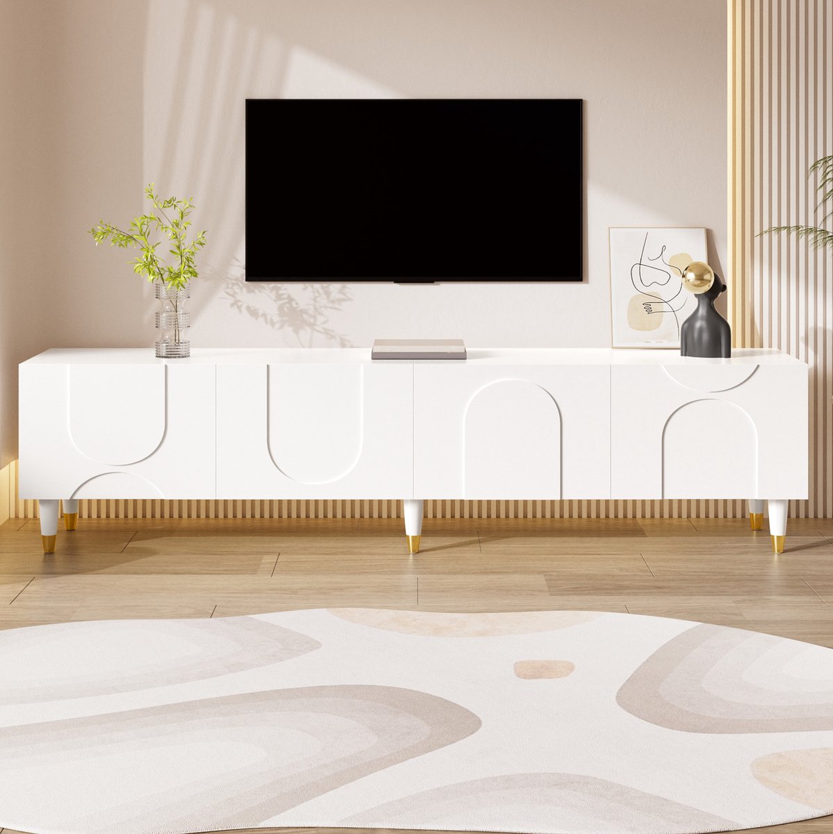 MODFU - TV Meubel - Asymmetrisch Boogreliëf - 4 Deuren - Wit - 180 Cm