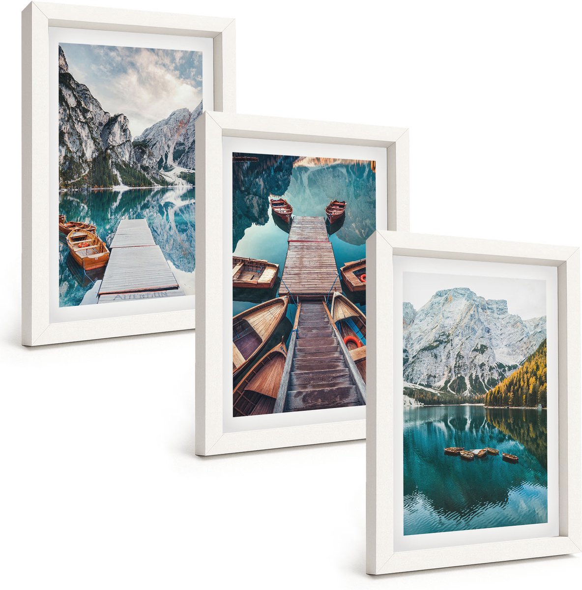 Wallfluent 3-Delige Schilderij Set - Meer Met Houten Steigers En Bergen - 20 x 30 - Decoratieve Muurdecoratie - Slaapkamer