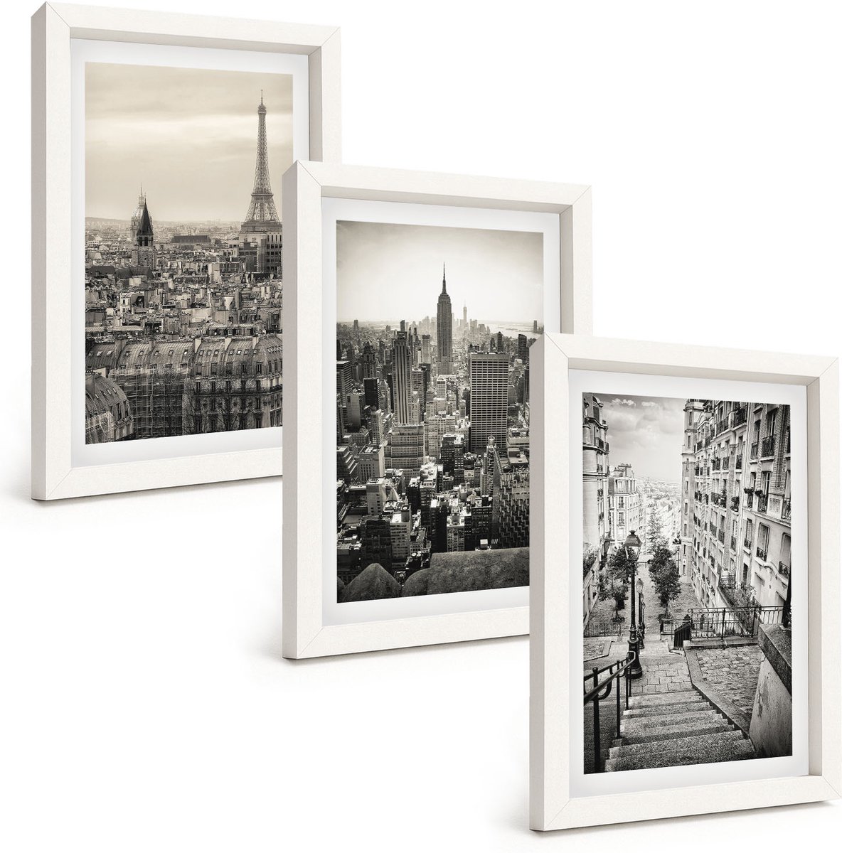 Wallfluent 3-Delige Schilderij Set - Stadsgezichten Parijs New York En Charmante Trappen - 20 x 30 - Decoratieve Muurdecoratie - Slaapkamer - Woonkamer Decoratie