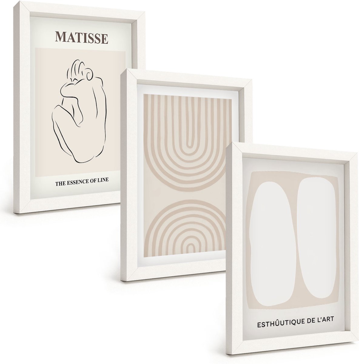 Wallfluent 3-Delige Schilderij Set - Stijlvolle Lijnen En Minimalistische Vormen In Neutrale Tinten. - 20 x 30 - Wanddecoratie - Woonkamer Decoratie