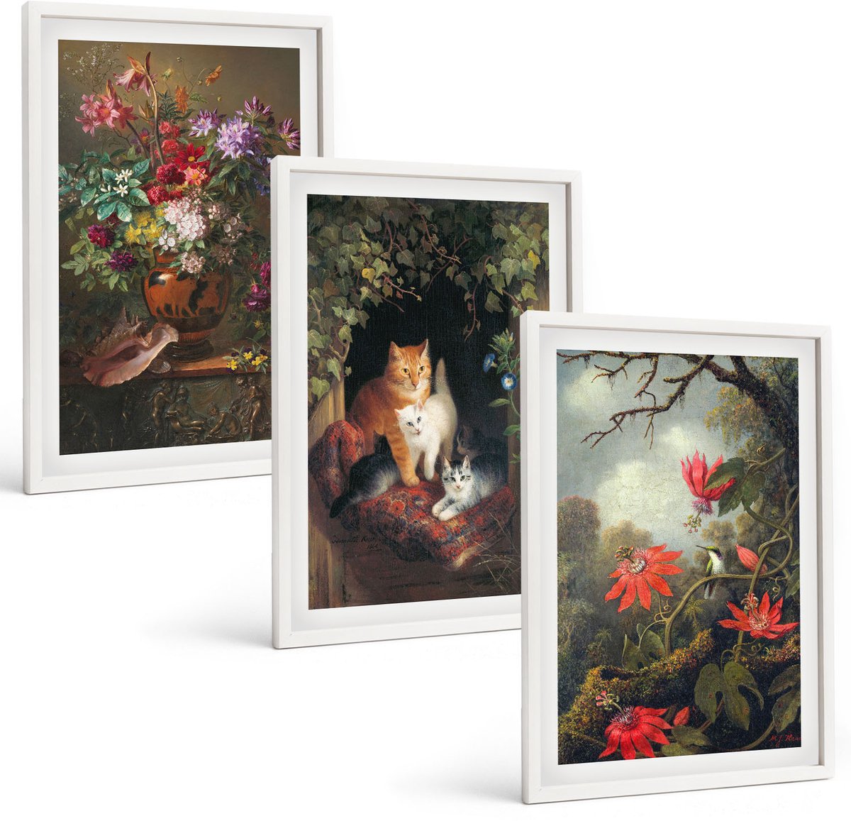Wallfluent 3-Delige Schilderij Set - Vintage Bloemen, Katten En Planten In De Natuur - 40 x 60 - Decoratieve Schilderijen - Woonkamer - Interieur - Interieur Decoratie