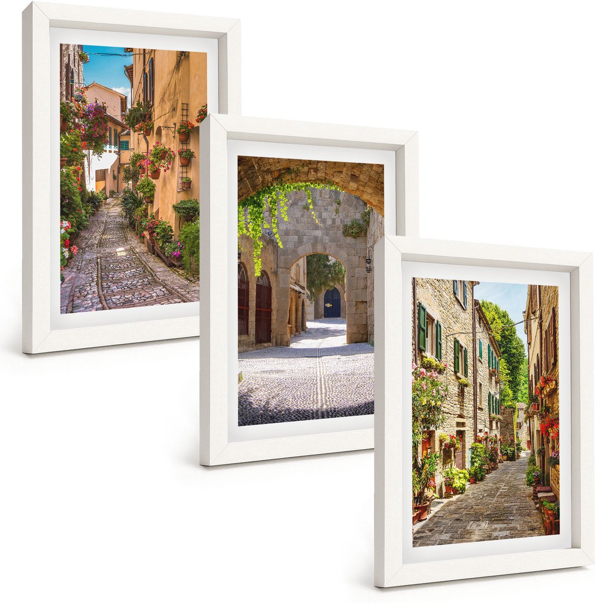 Wallfluent 3-Delige Schilderij Set - Italiaanse Straten Met Bloemen En Architectonische Landschappen - 20 x 30 - Muurdecoratie - Interieur Decoratie