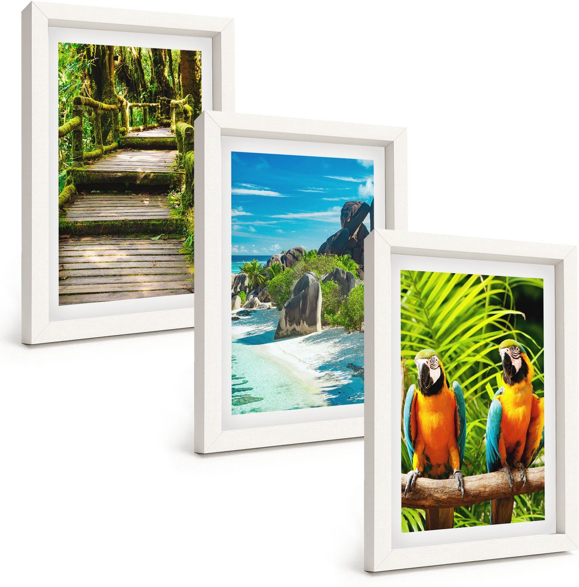 Wallfluent 3-Delige Schilderij Set - Tropisch Bos Met Waterval En Kleurrijke Papegaaien - 20 x 30 - Wanddecoratie - Woonkamer Decoratie - Interieur Decoratie