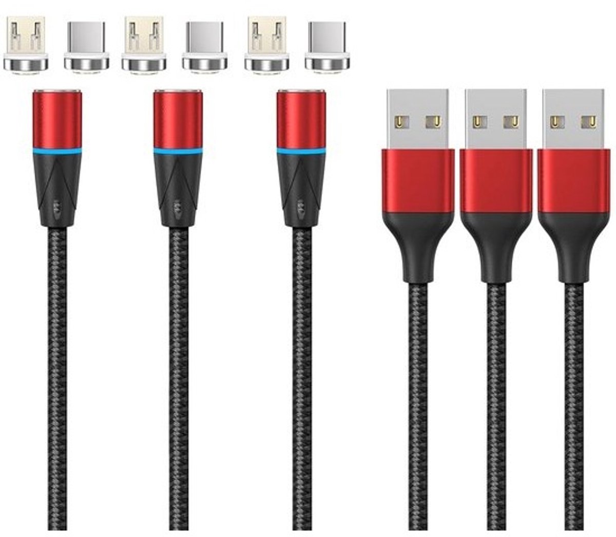 Magnetische Oplaadkabel voor USB-C en Micro-USB - 360° Draaibare Connector, Snel Opladen, 1,2m, 3-delig Set - Rood