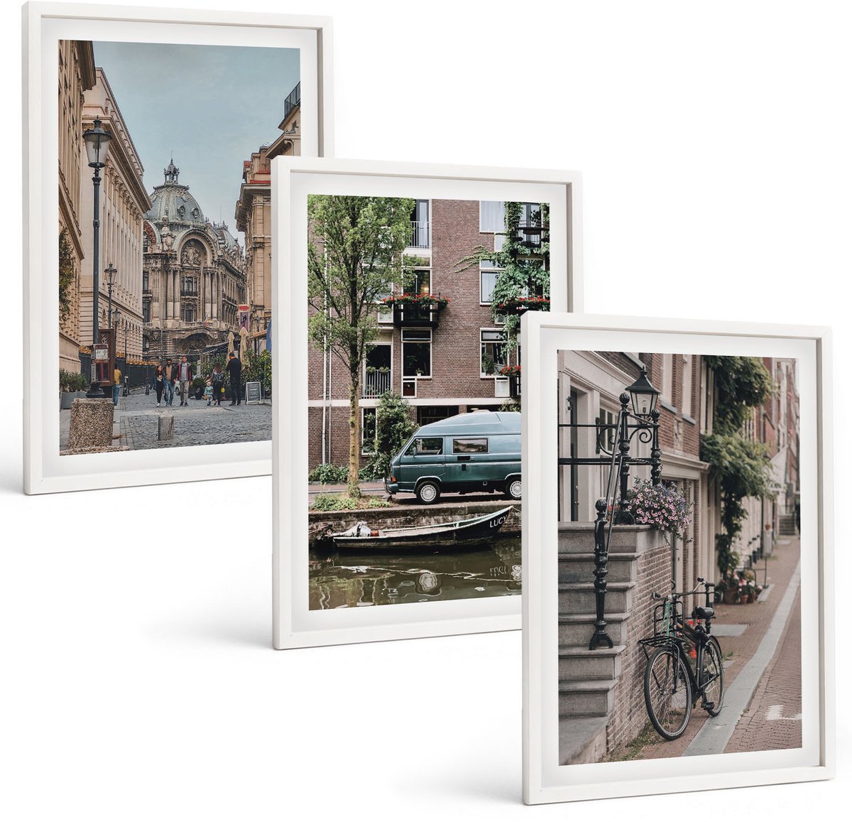 Wallfluent 3-Delige Schilderij Set - Rustige Stedelijke Uitzichten Op Gebouwen - 40 x 60 - Stijlvolle Muurdecoratie - Slaapkamer - Wanddecoratie