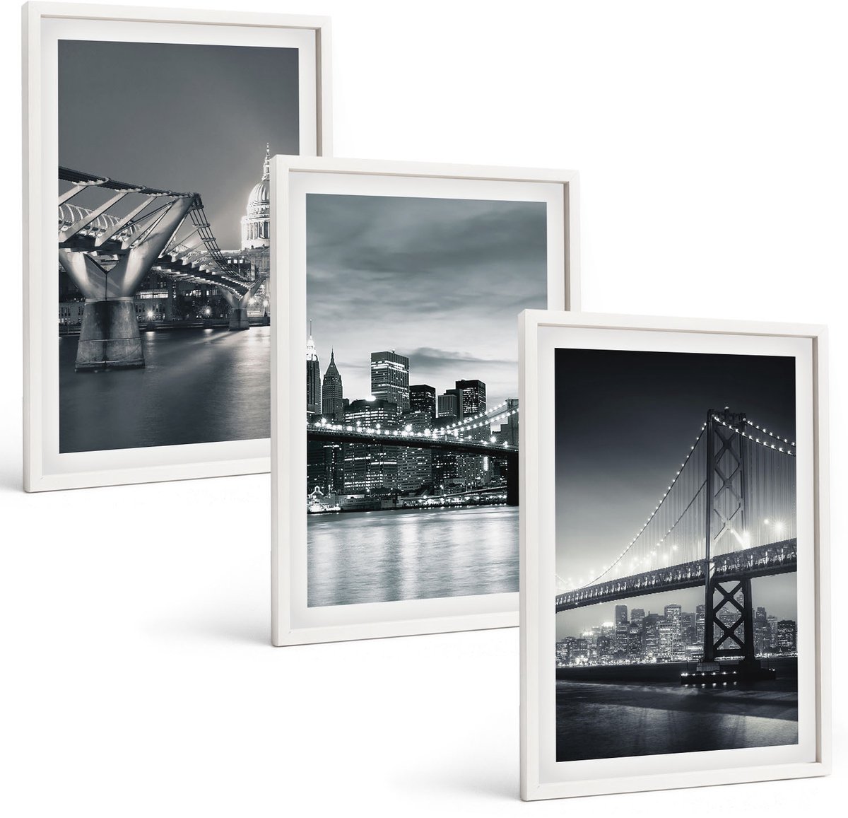 Wallfluent 3-Delige Schilderij Set - Bruggen En Stedelijke Architectuur In Grijstinten - 40 x 60 - Decoratieve Schilderijen - Wanddecoratie - Hal
