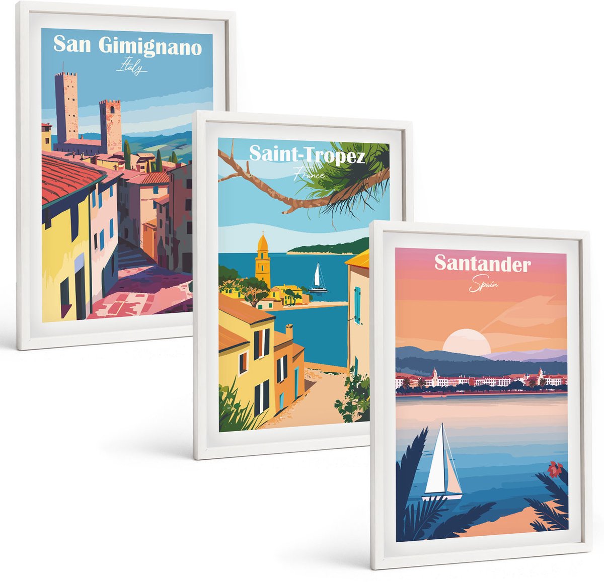Wallfluent 3-Delige Schilderij Set - Italiaanse Stadjes En Retro Kustlandschappen - 40 x 60 - Wanddecoratie - Woonkamer Decoratie