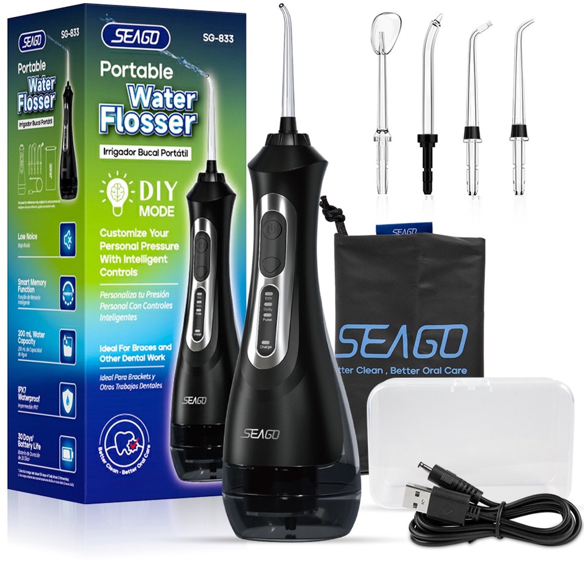 Draagbare Waterflosser Set met 5 Mondstukken & Reistas - Diepe Reiniging & Lange Batterijduur Black