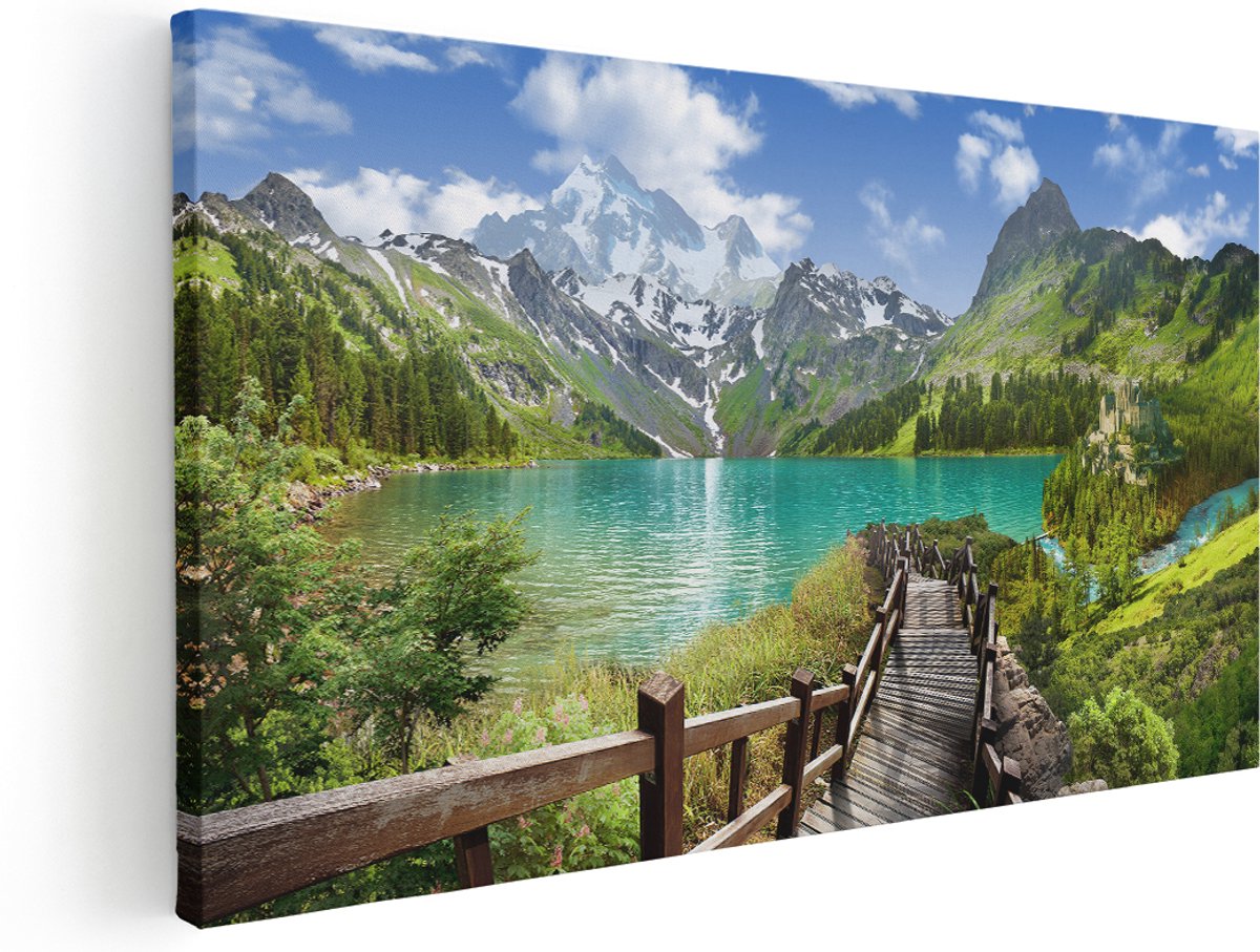 Artaza Canvas Schilderij Pad Naar Een Helder Blauw Meer In De Bergen - 140x70 cm - Groot - Wanddecoratie Woonkamer - Schilderijen - Muurdecoratie