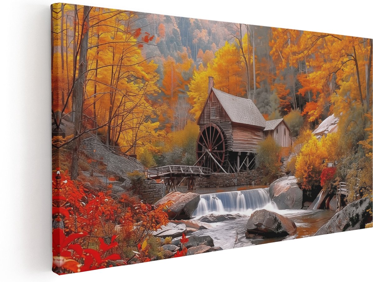 Artaza Canvas Schilderij Herfst Tafereel met een Molen en een Waterval - 140x70 cm - Groot - Klein - Wanddecoratie Woonkamer - Schilderijen - Muurdecoratie