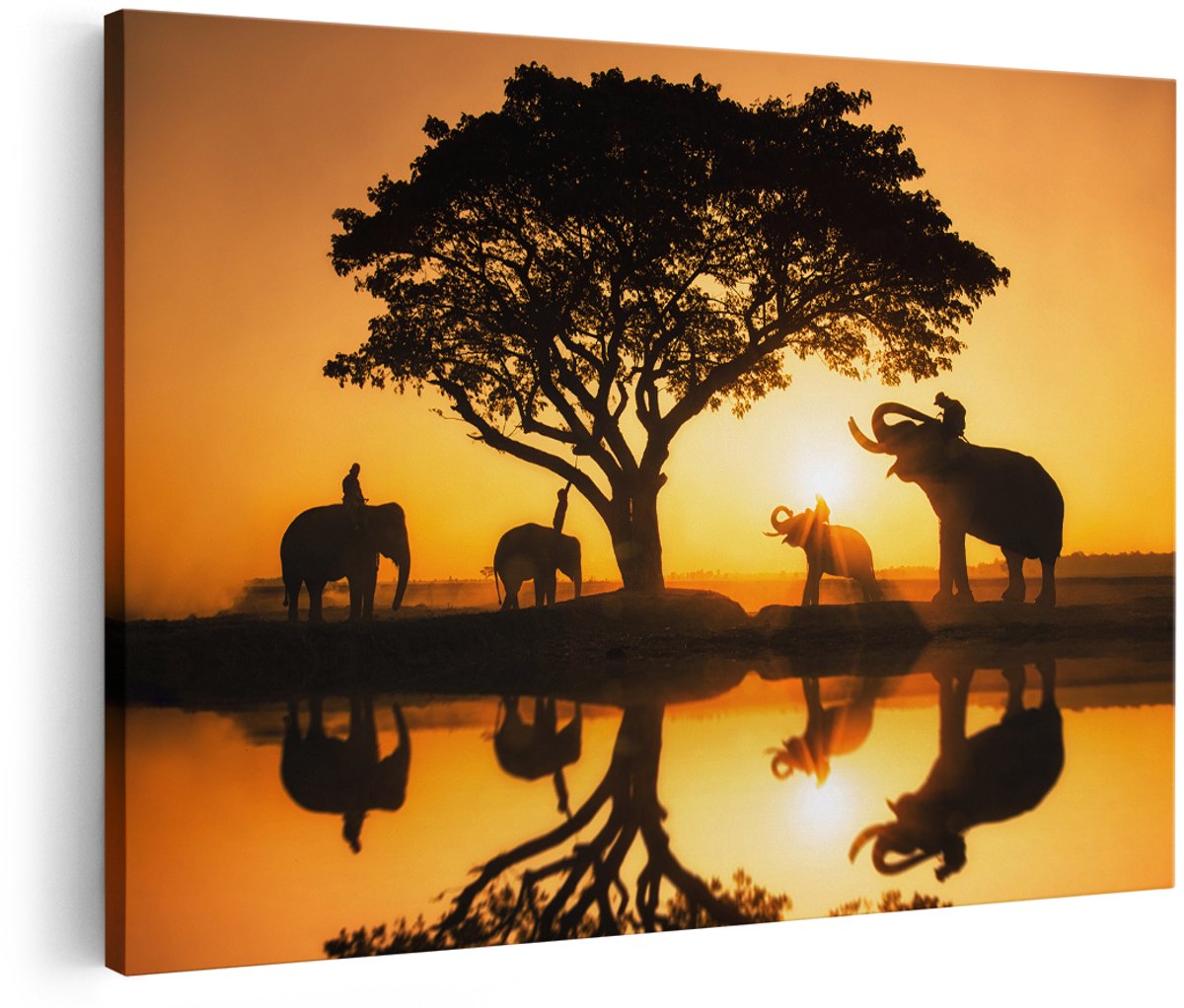 Artaza Canvas Schilderij Olifanten Familie bij een Boom - Zonsondergang - 150x100 cm - Groot - Wanddecoratie Woonkamer - Schilderijen - Muurdecoratie