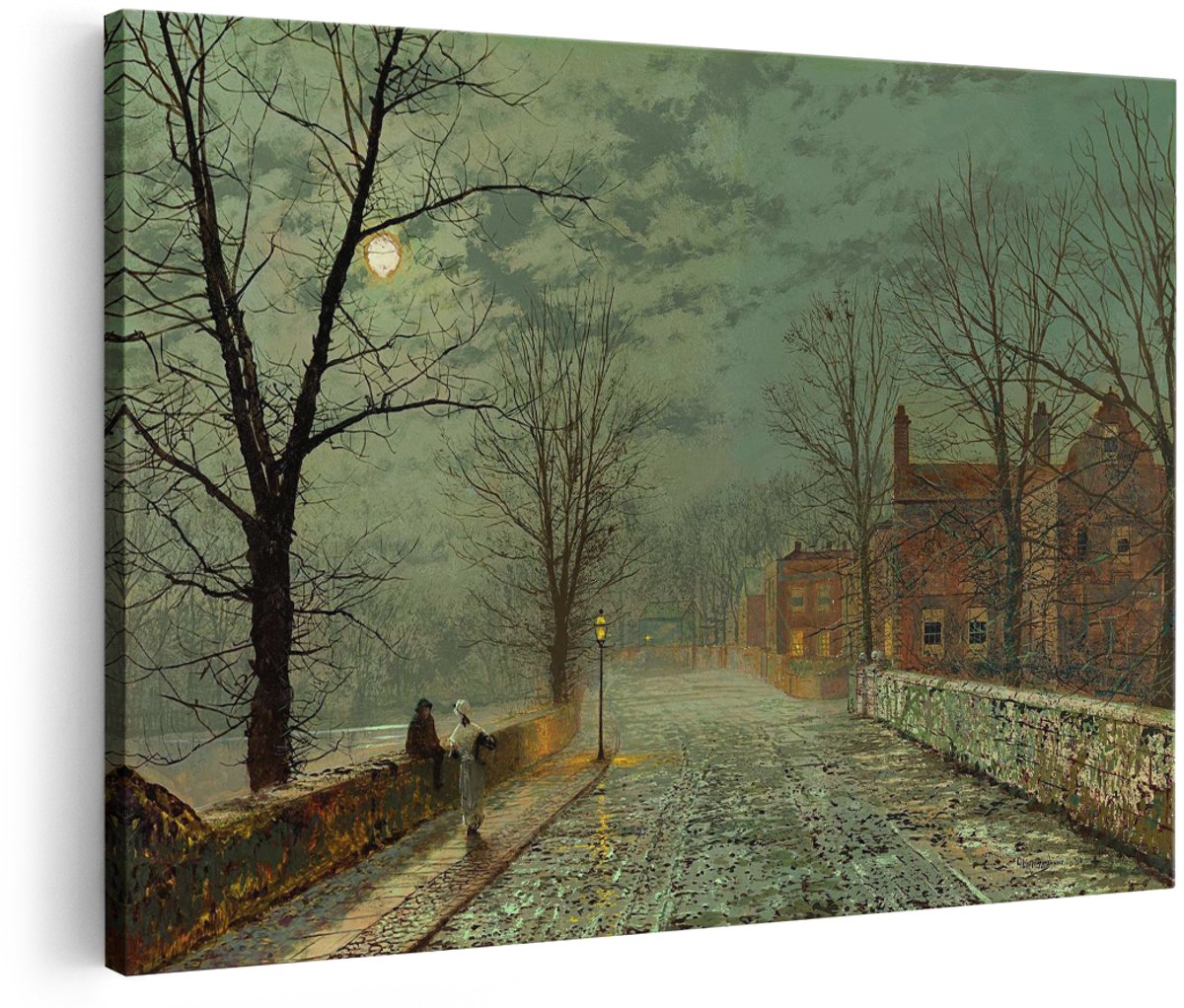 Artaza Canvas Schilderij Landschap - 150x100 cm - Groot - Wanddecoratie Maanlicht - Muurdecoratie Winterse Nachtscène - Decoratie Brug - Schilderijen Op Canvas