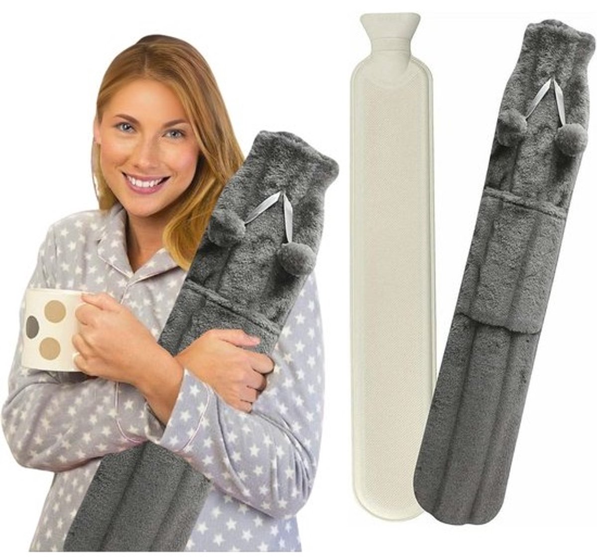Extra lange 72 cm warmwaterkruik met pompons en zachte nepleren hoes - Comfortabel en veilig voor warmte