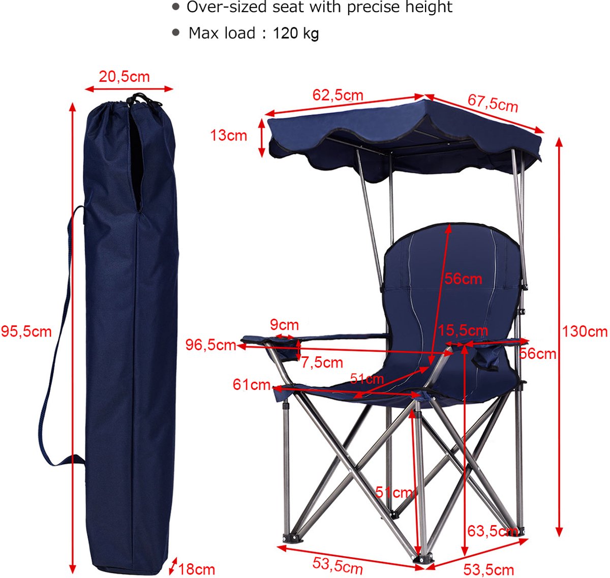 SureDeal® - Kamper - Opvouwbare Campingstoel - Zonneluifel Bekerhouder Draagtas - 96,5x67,5x130 cm - Blauw