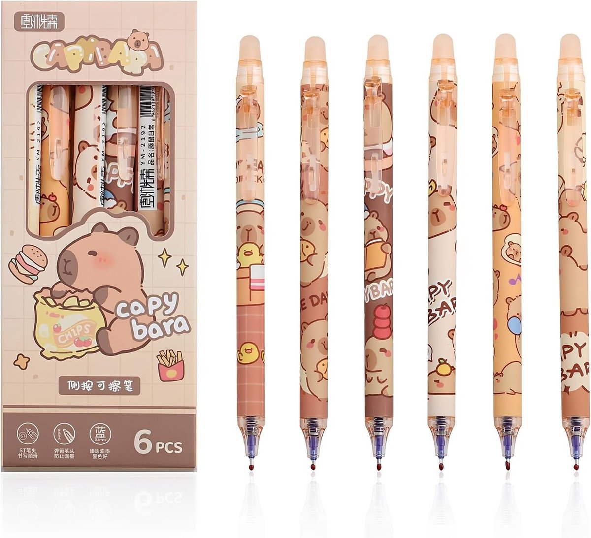 Hoogwaardige uitwisbare balpennen in schattige cartoonstijl, fijne punt, zwart, set van 6 stuks