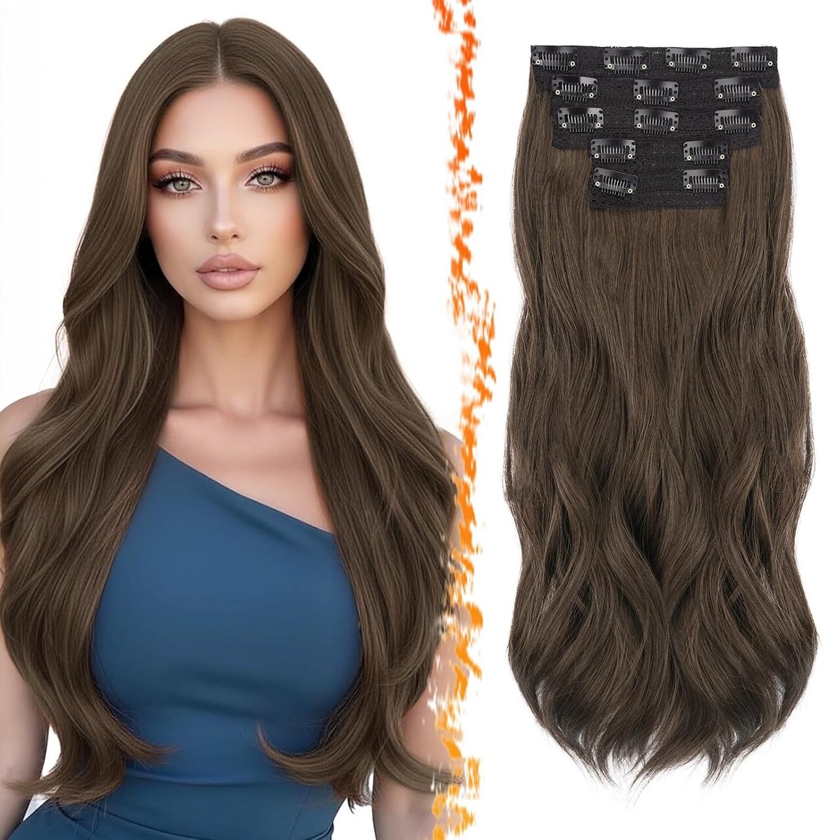 Bruine Golvende Clip-in Haarextensions van 50 cm, Losse Gelaagde Haarstukken voor Vrouwen - Natuurlijke Look, Dikte, en Gemakkelijk te Bevestigen