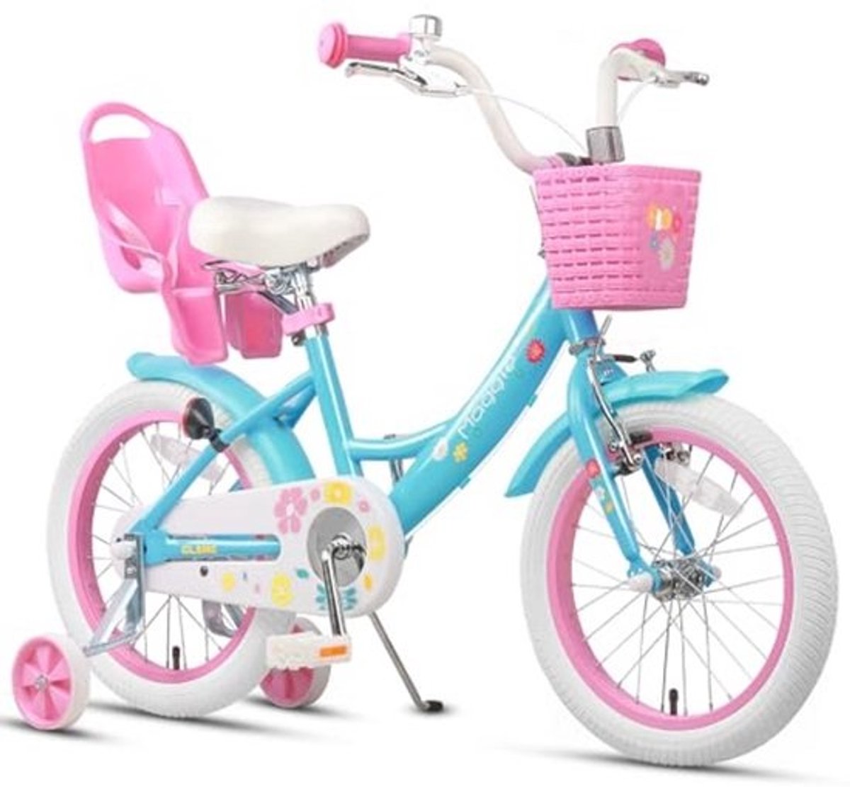 Meisjesfiets 12-20 inch, kinderfiets voor 2-13 jaar, prinsessenstijl met poppenzitje, mand en trainingswielen