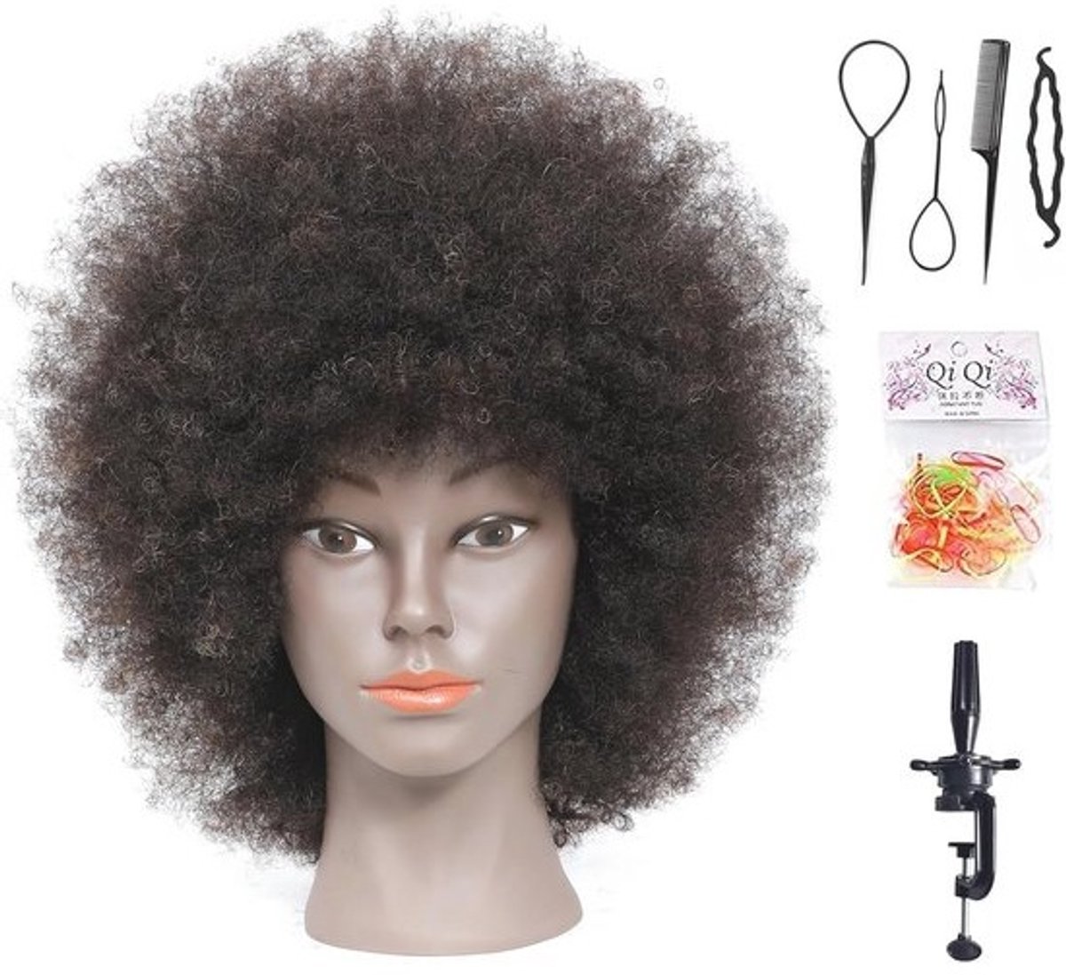 Afro-mannequin-hoofd van 100% echt haar, kapperstrainingshoofd voor cosmetica, poppenhoofd (tafelklem meegeleverd) (natuurlijke kleur)