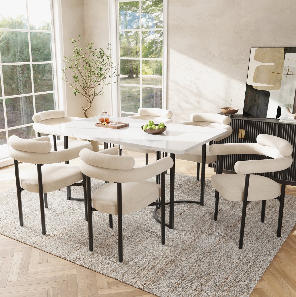 Wishdor Set tafel en stoelen - 6 stoelen - Metalen designpoten - Modern minimalistisch - Eetkamer keuken restaurant - Metaal en MDF - Beige - 140 x 80 x 75 cm