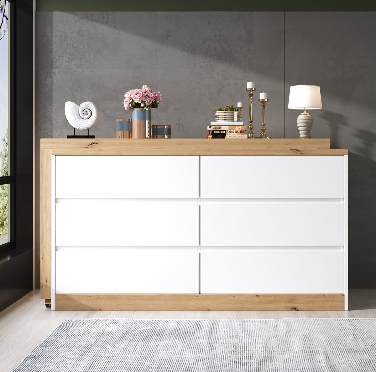 REDOM - Bureau - Draaibaar 2-in-1 ontwerp - 6 lades - Verrijdbaar en vergrendelbaar - Scandinavische stijl - Homeoffice en slaapkamer - Spaanplaat - Eiken en Wit - 120 x 50 x 78 cm