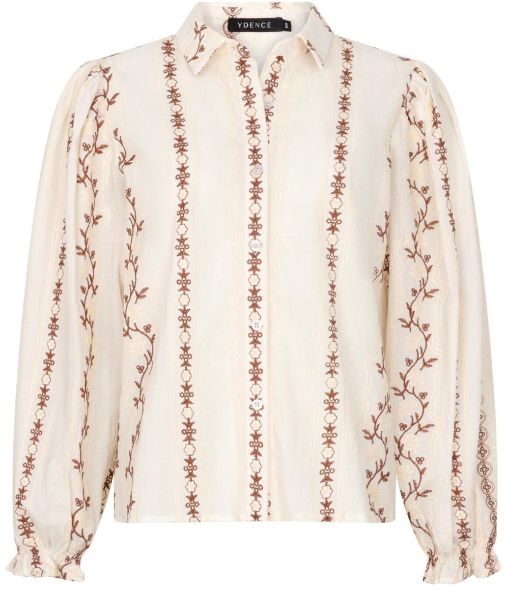 Ydence ecru dames blouse   Punt kraag   Regular fit   Geborduurd   Knoopsluiting   Lange mouw Ecru XS