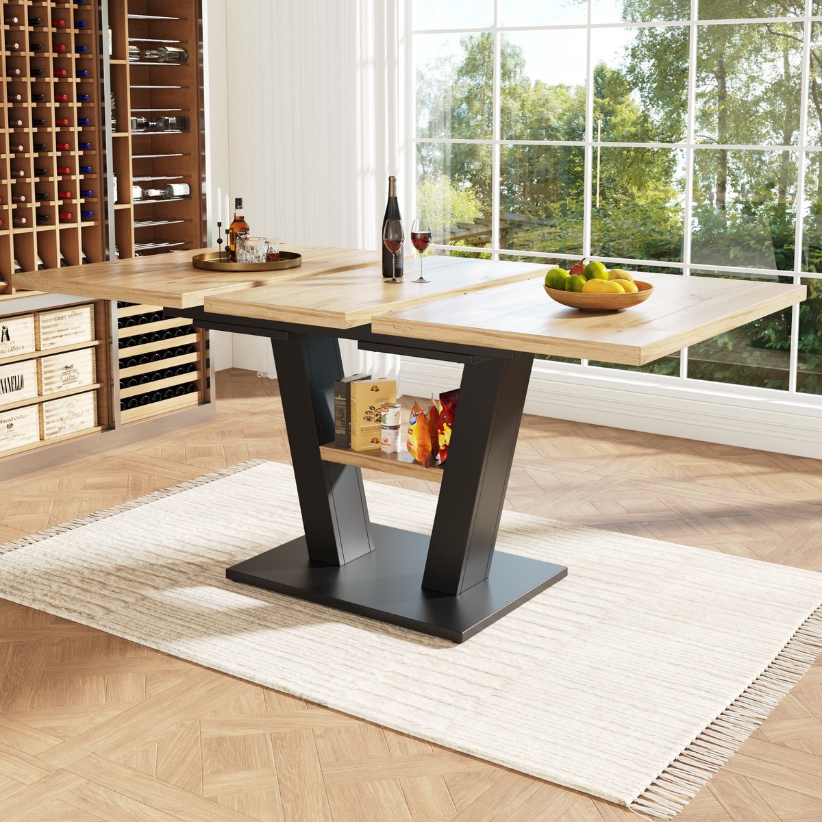Wishdor Uitschuifbare eettafel - Rechthoekig modern ontwerp - V-poot van MDF en metaal - Keuken woonkamer eetkamer - Zwart naturel - 157 x 70 x 75 cm