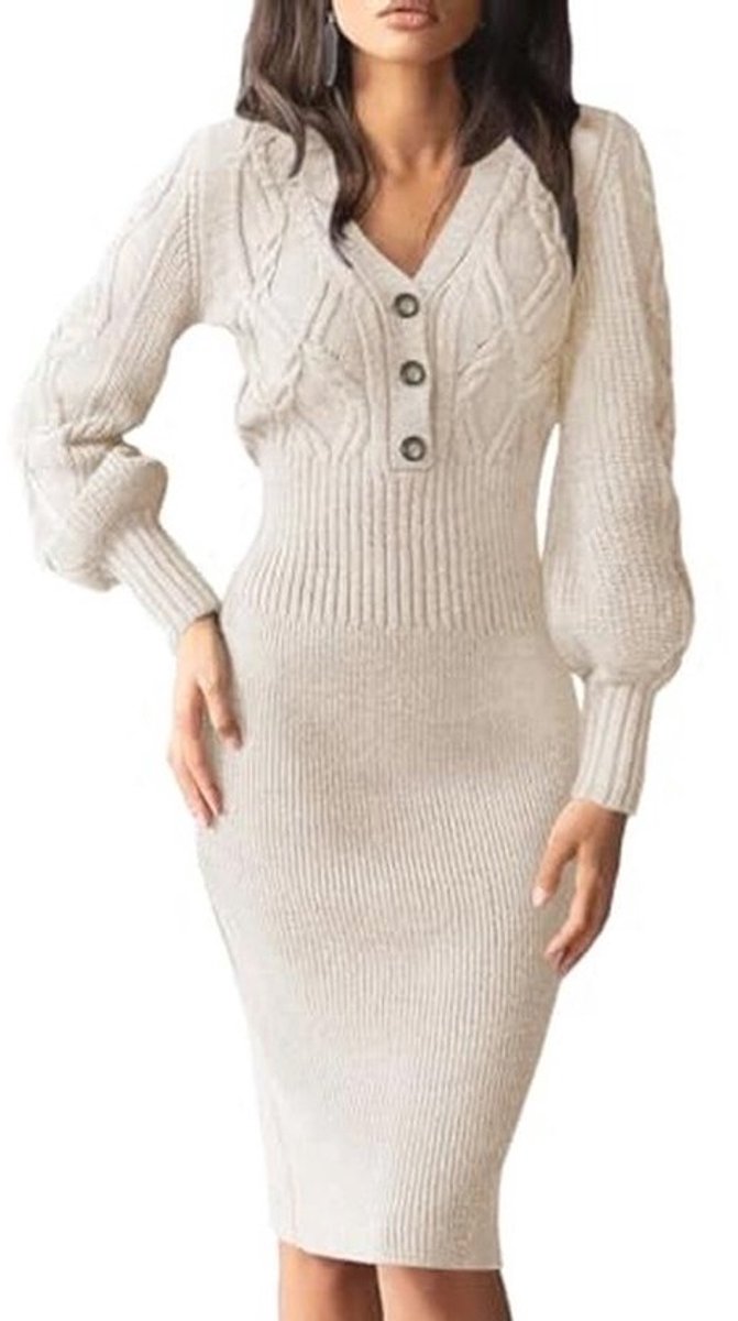 Elegante Lange Mouwen V-hals Jurk voor Dames - Sexy Gebreide Midi Dress voor Herfst en Winter
