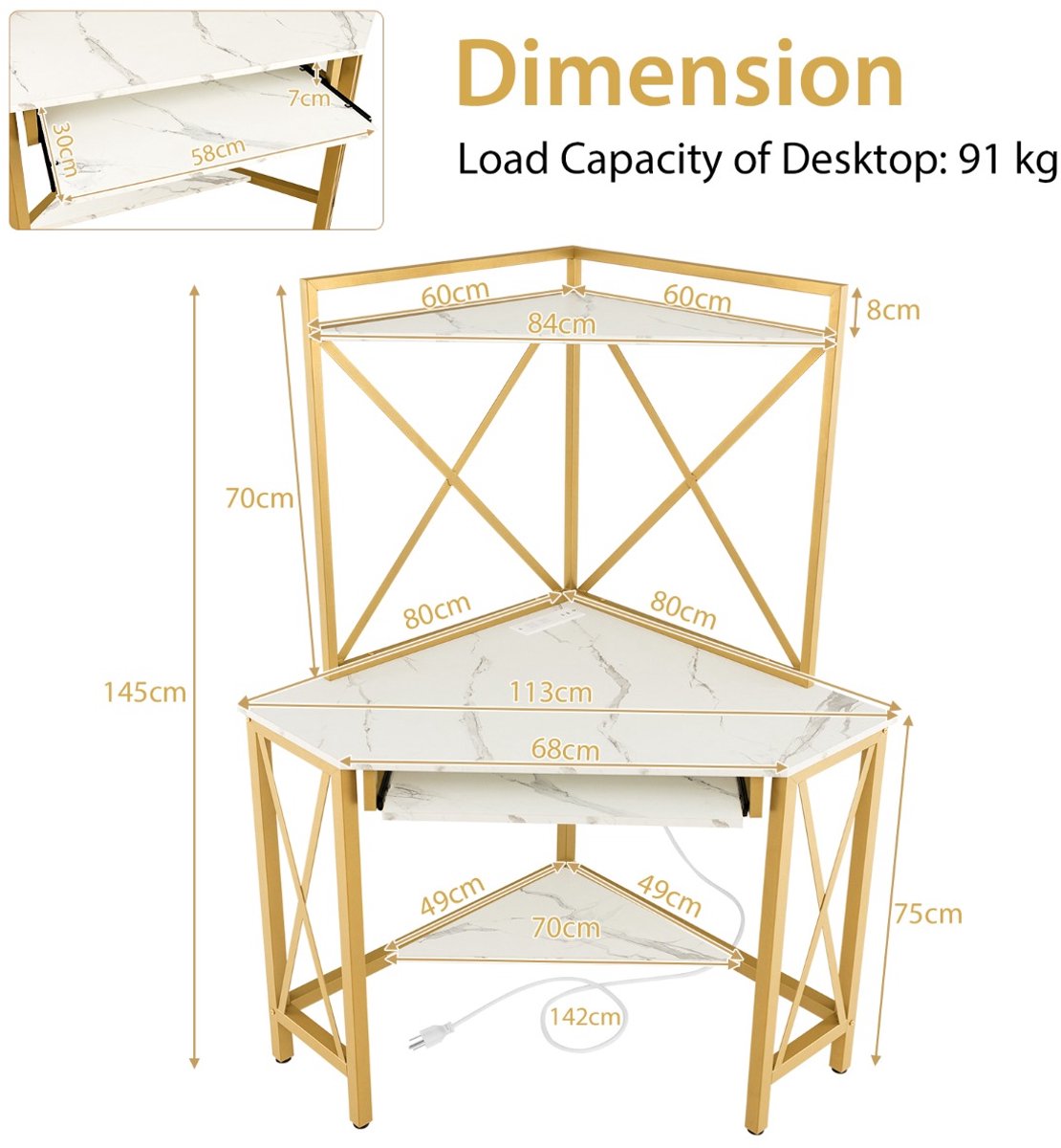 SureDeal® - Bureau met Laadstation - Hoekcomputertafel - Met Toetsenbordplank en 2 Planken - Metalen Frame - Werktafel voor Thuiskantoor - Goud + Wit