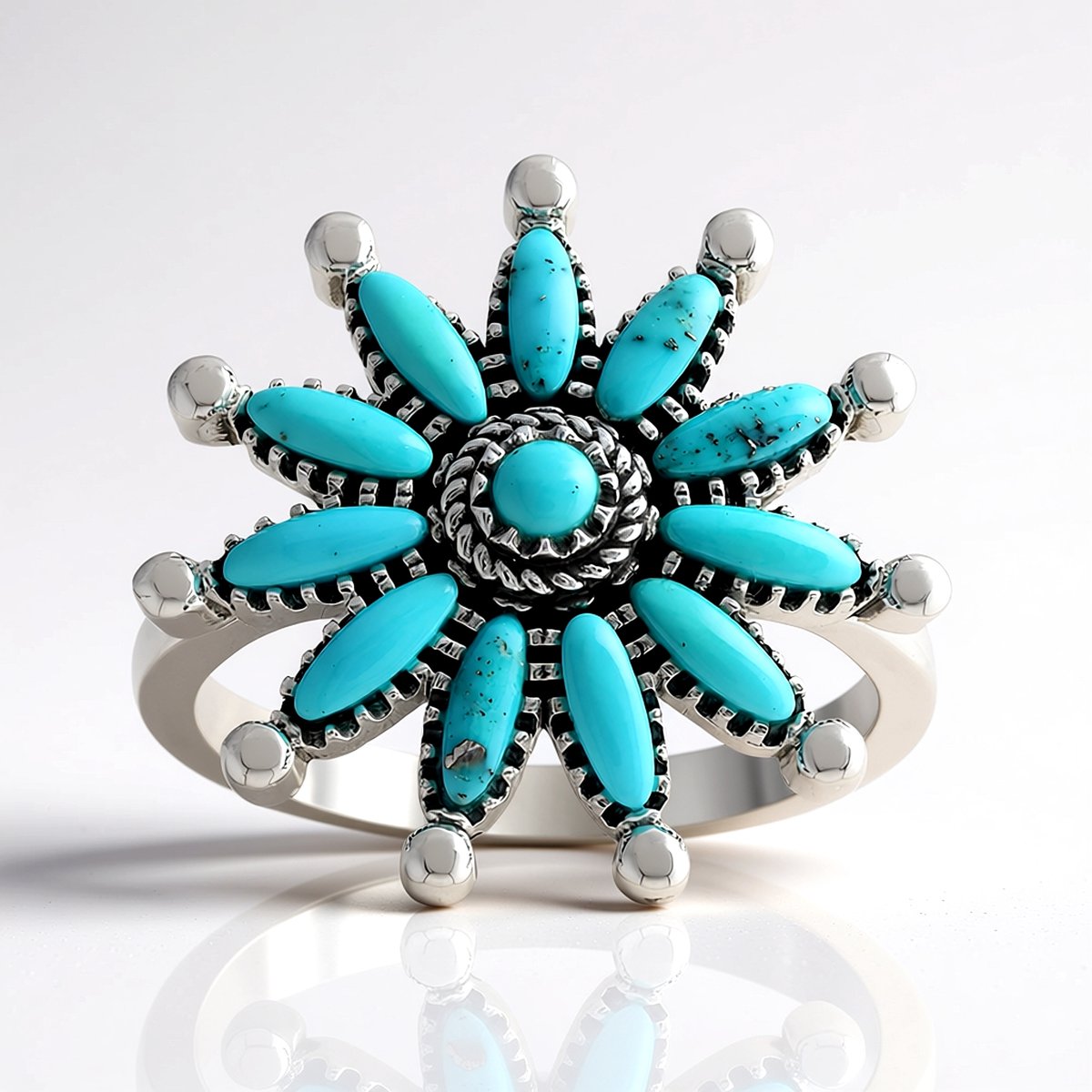 Cavill - Verst. Zilveren Ring - 925 Sterling Zilver - 11 Blauwe Kingman Mohave Turkooisen 0,931 ct - Boho Bloemenmotief - Vintage Stijl