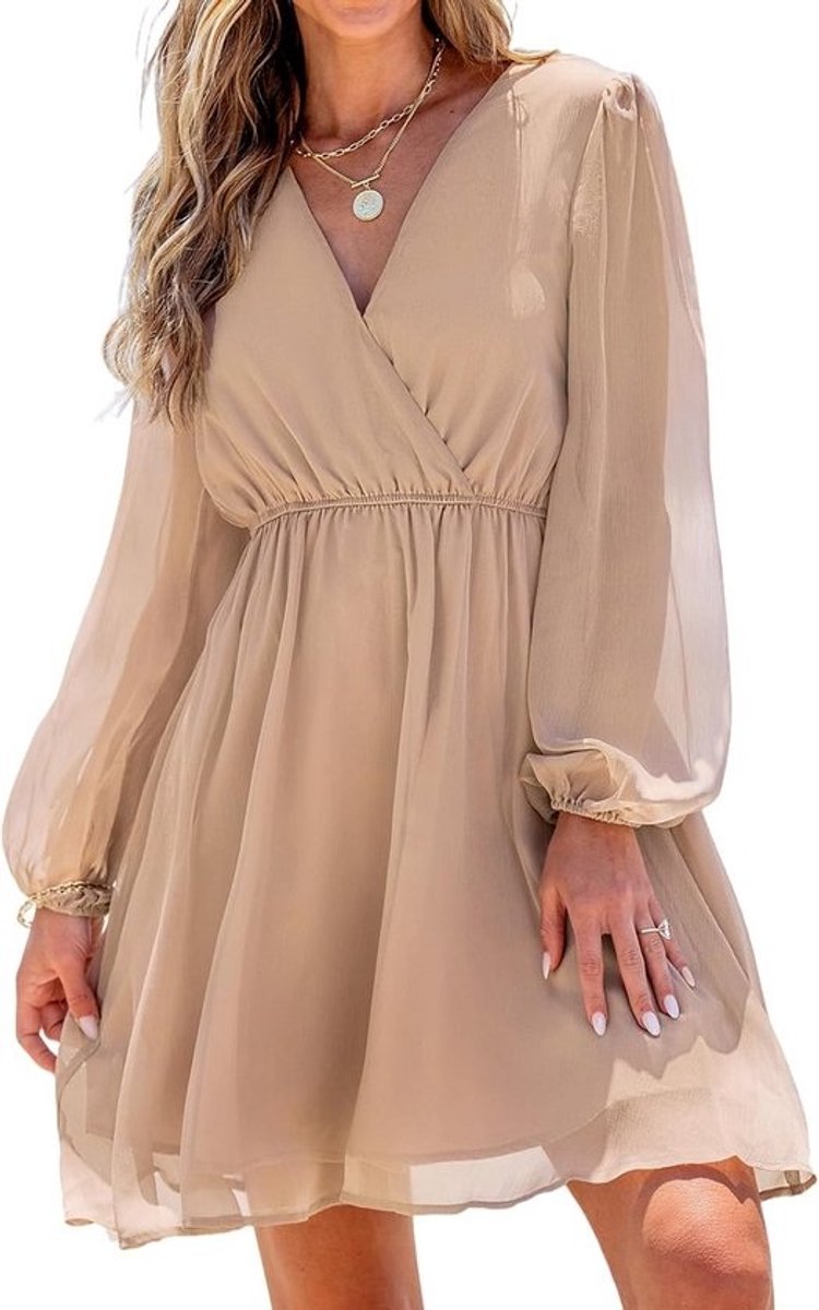 Dames Jurk V-Hals Chiffon Lange Mouwen Luchtige Zomerjurk