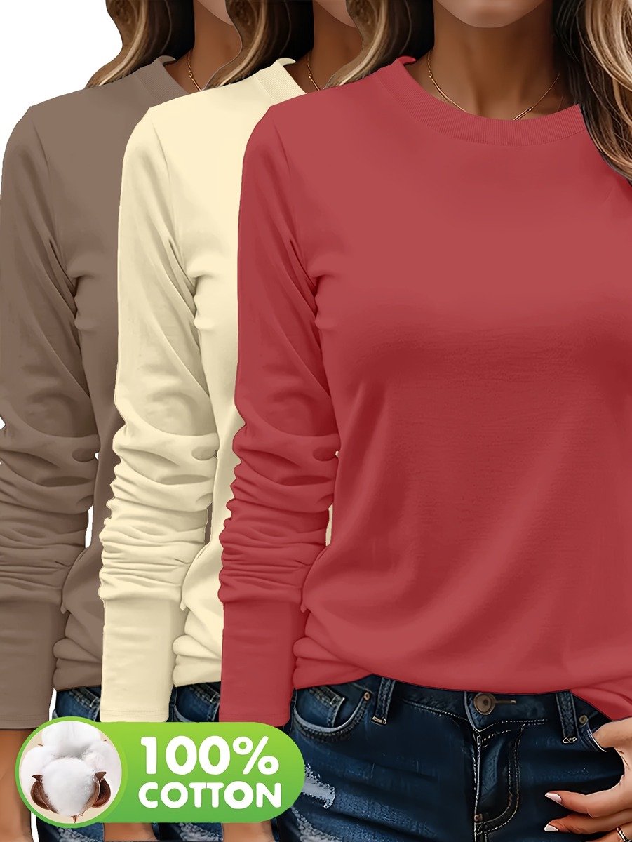 Currero Longsleeve Dames Oversized Lange Mouwen Shirt Roundneck Vrouwen Kleding T-Shirt Baksteenrood + Abrikoos + Khaki