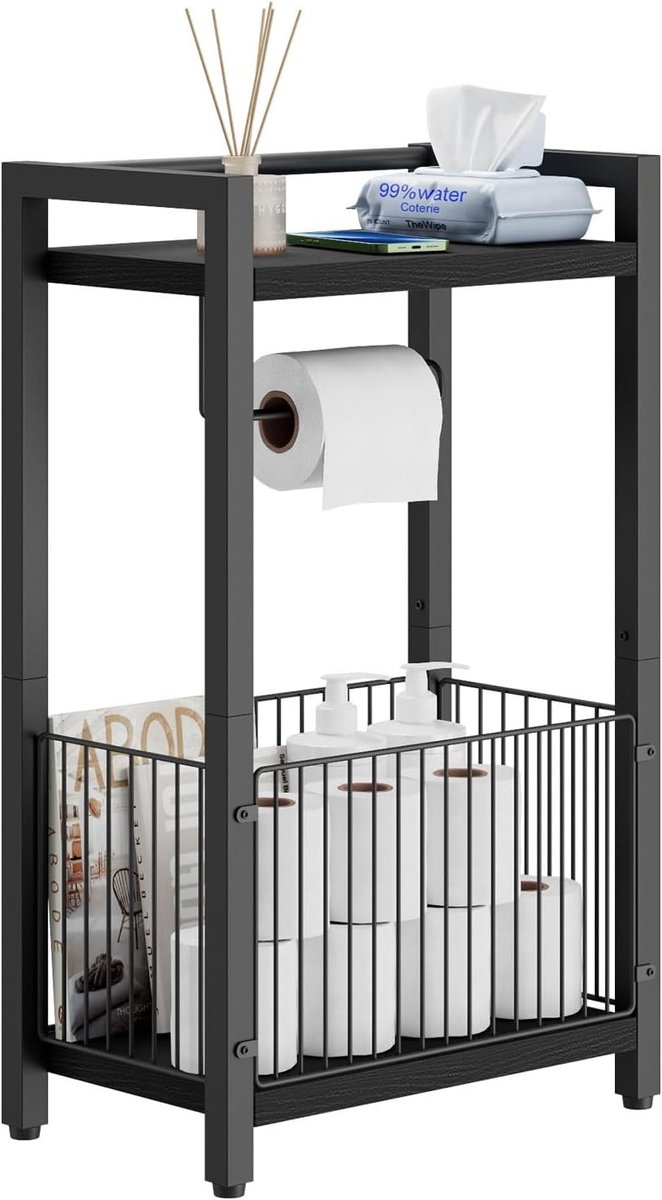 Vrijstaande Toiletpapierhouder met Opberplank voor Badkamer - Dispenser voor Toiletpapier, Tijdschriften en Nat Wipes, Zwart