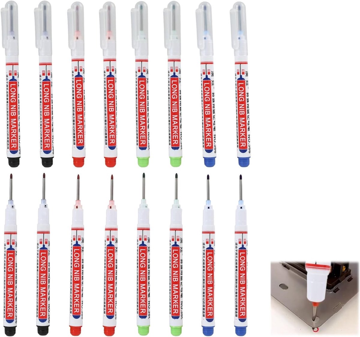 Set van 16 Diepe Gaatjesmarkers met Lange Punt 20 mm - Permanent Markeren op Hout, Metaal, Plastic en Behang, Sneldrogend en in 4 Kleuren met Clip