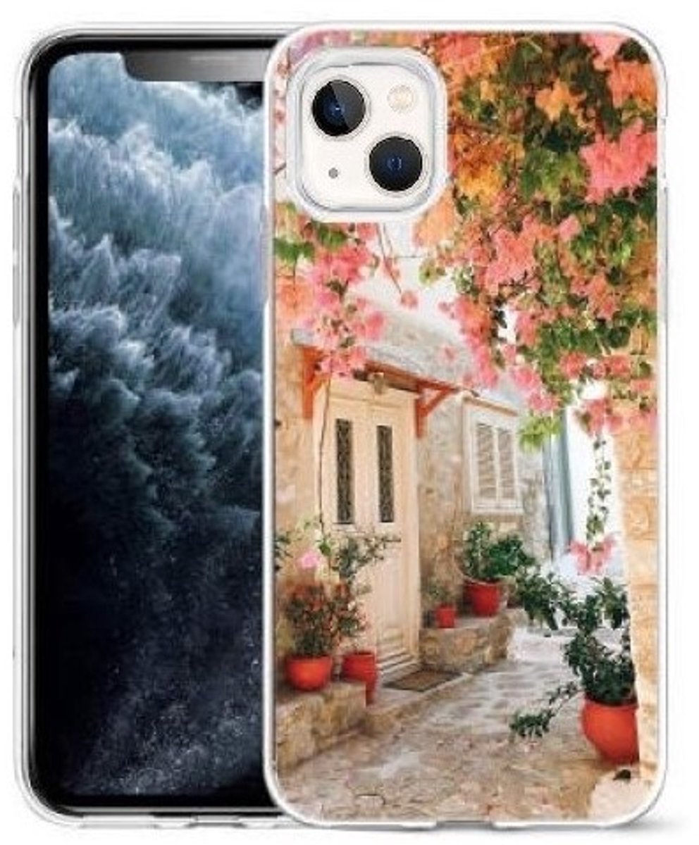 Cityhoesje-iPhone 14 / 13-Bloemen-Backcover Roze