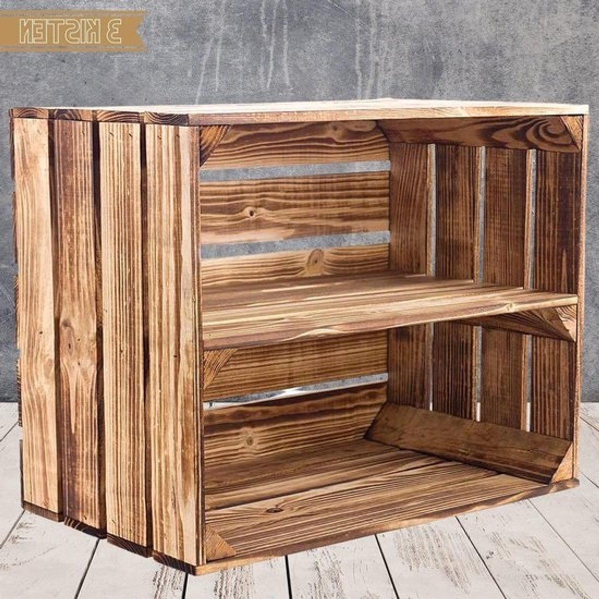 Set van 3 Houten Fruitkisten als Plank met Tussenstuk - Massief Hout 50x40x30 cm - Opslagkisten voor Wijn of Decoratie