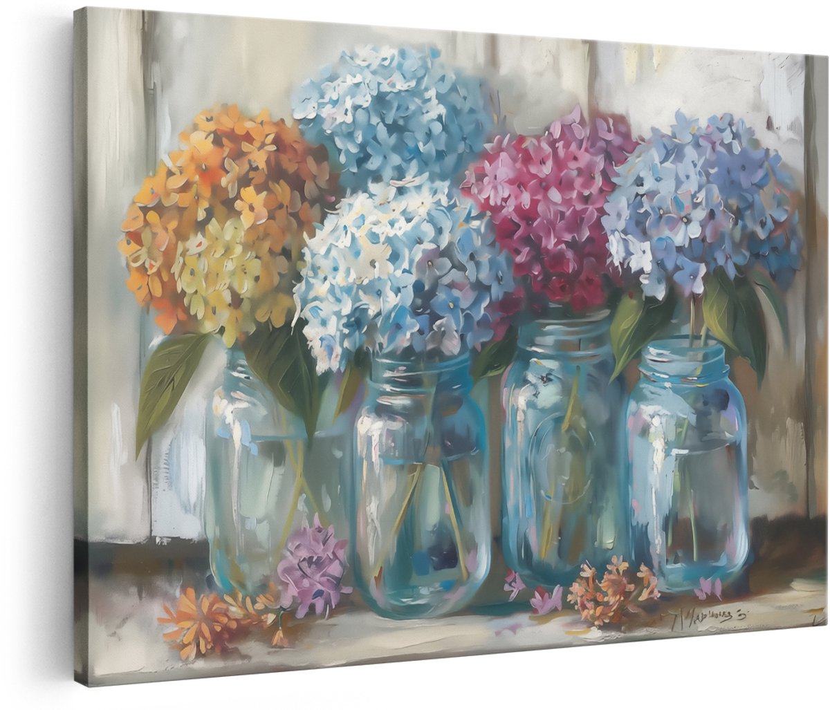Artaza Canvas Schilderij Hortensia Bloemen in Glazen Potten - 180x120 cm - Groot - Wanddecoratie Woonkamer - Schilderijen - Muurdecoratie