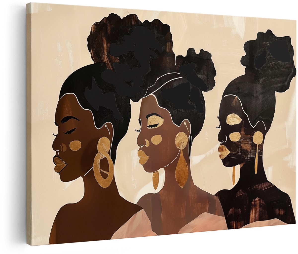Artaza Canvas Schilderij Drie Zwarte Vrouwen met Gouden Oorbellen - 180x120 cm - Groot - Wanddecoratie Woonkamer - Schilderijen - Muurdecoratie