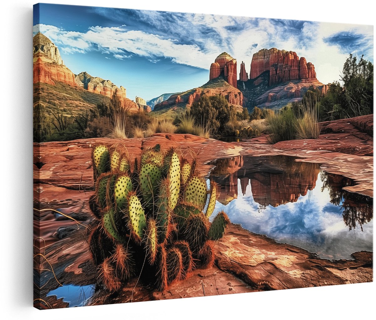 Artaza Canvas Schilderij Cactus Plant Weerspiegeld in een Vijver in Sedona, Arizona - 180x120 cm - Groot - Wanddecoratie Woonkamer - Schilderijen - Muurdecoratie