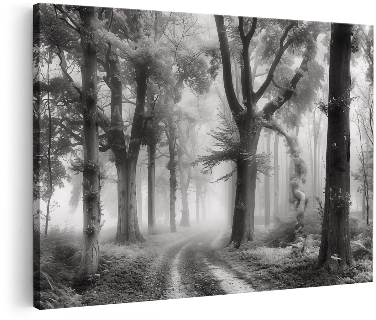 Artaza Canvas Schilderij Zwart Wit Beeld van een Mistig Bos - Landschap - 180x120 cm - Groot - Wanddecoratie Woonkamer - Schilderijen - Muurdecoratie