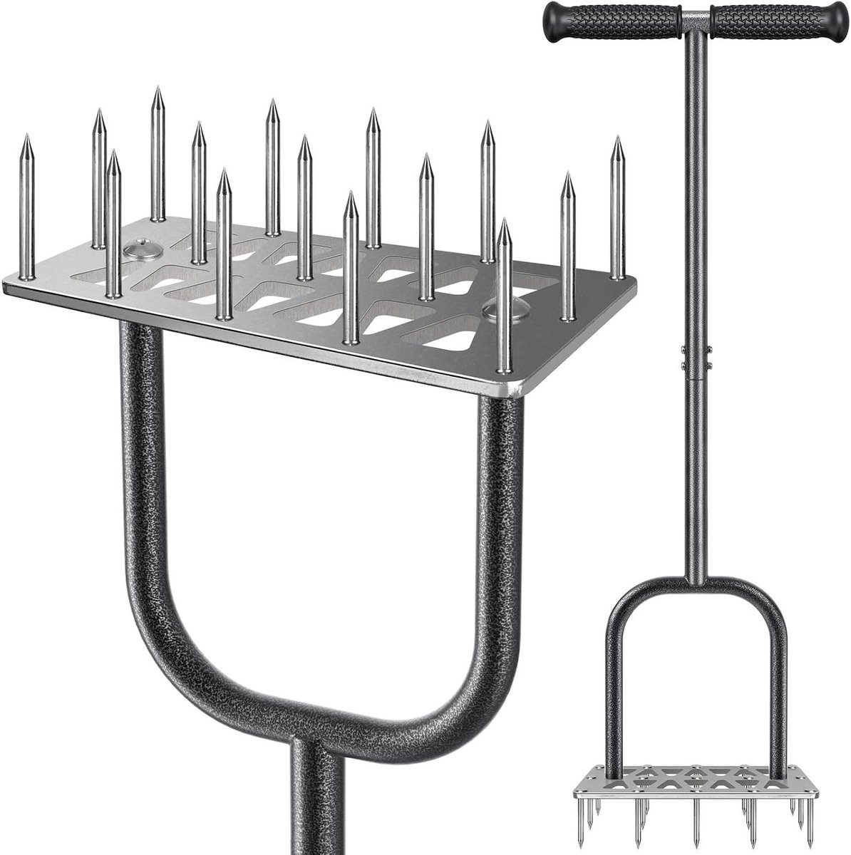 Handmatige Grasbeluchter - Luchtprikker Tuin - Gras Gezond Houden - 15 Roestvrijstalen Prikkers - 89 cm Handvat - Zilver
