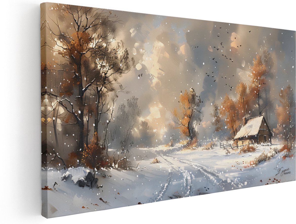Artaza Canvas Schilderij Landschap Schilderij - 180x90 cm - Groot - Wanddecoratie Sneeuwlandschap - Muurdecoratie Vogels - Kamer Accessoires Natuur