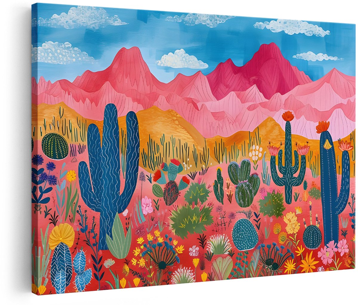 Artaza Canvas Schilderij Woestijnlandschap - 180x120 cm - Groot - Wanddecoratie Cactus - Muurdecoratie Boho - Kleurrijk Schilderij Bloemen - Roze