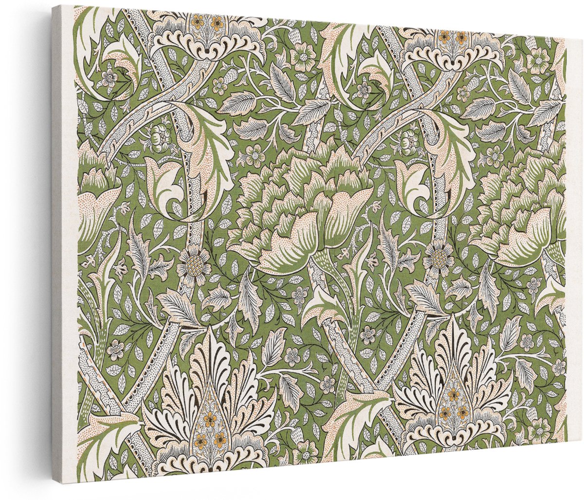Artaza Canvas Schilderij Bloemen Patroon - 180x120 cm - Groot - Wanddecoratie Vintage - Muurdecoratie Groen - Decoratie Woonkamer Bloemen